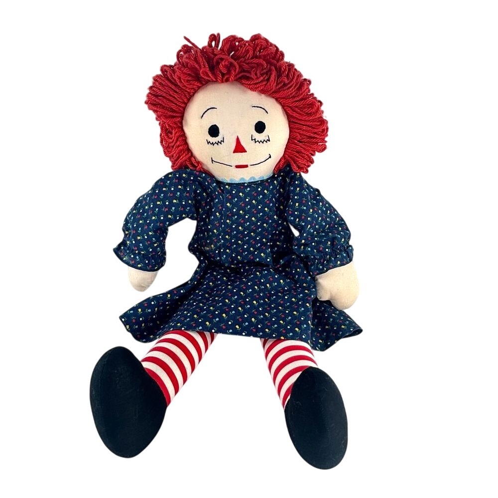 Vtg Raggedy Ann Doll Stuffed Plush Toy Red Hair Blue Dress 80s Collectible 19"‎